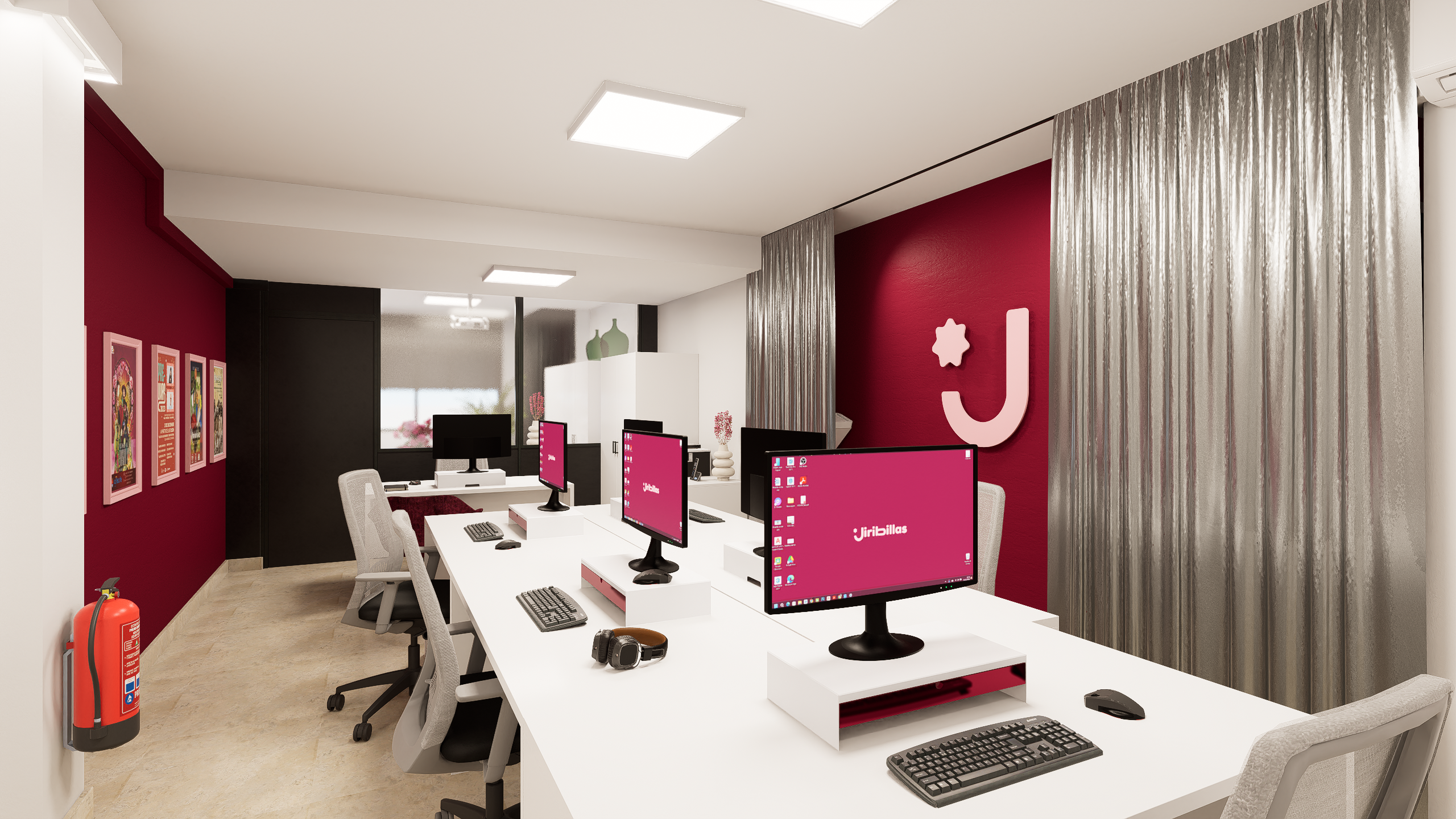 Jiribillas — sala de trabajo con pared corporativa roja