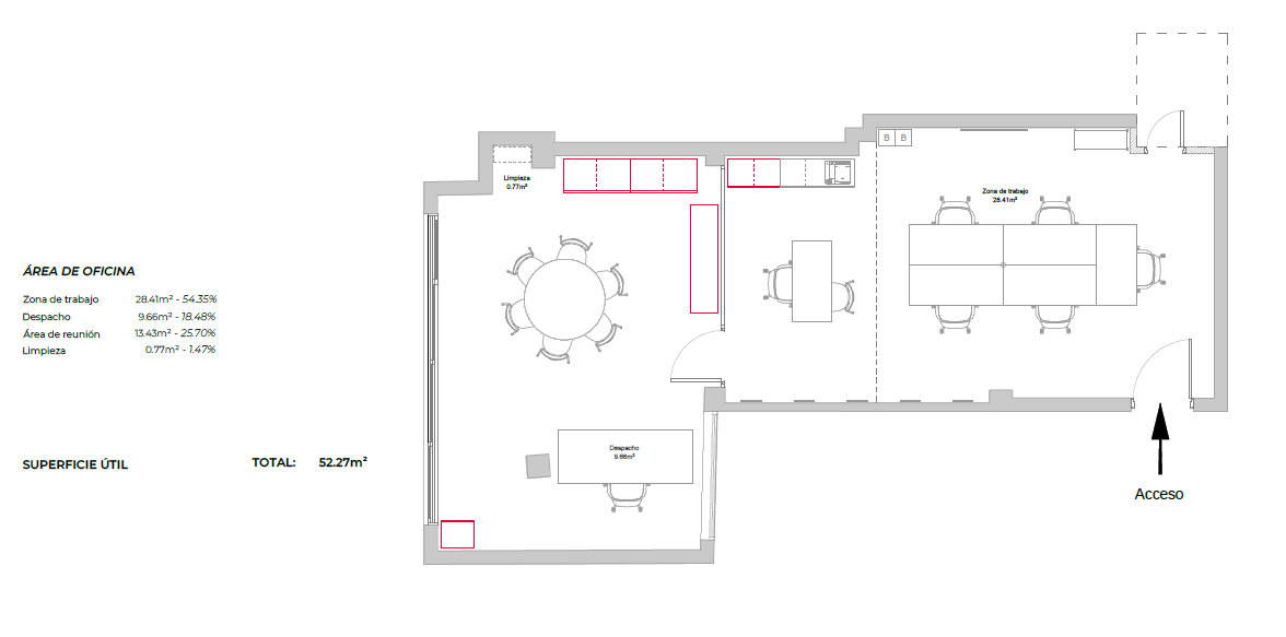 Jiribillas — plano de superficie, 52.27 m² útiles