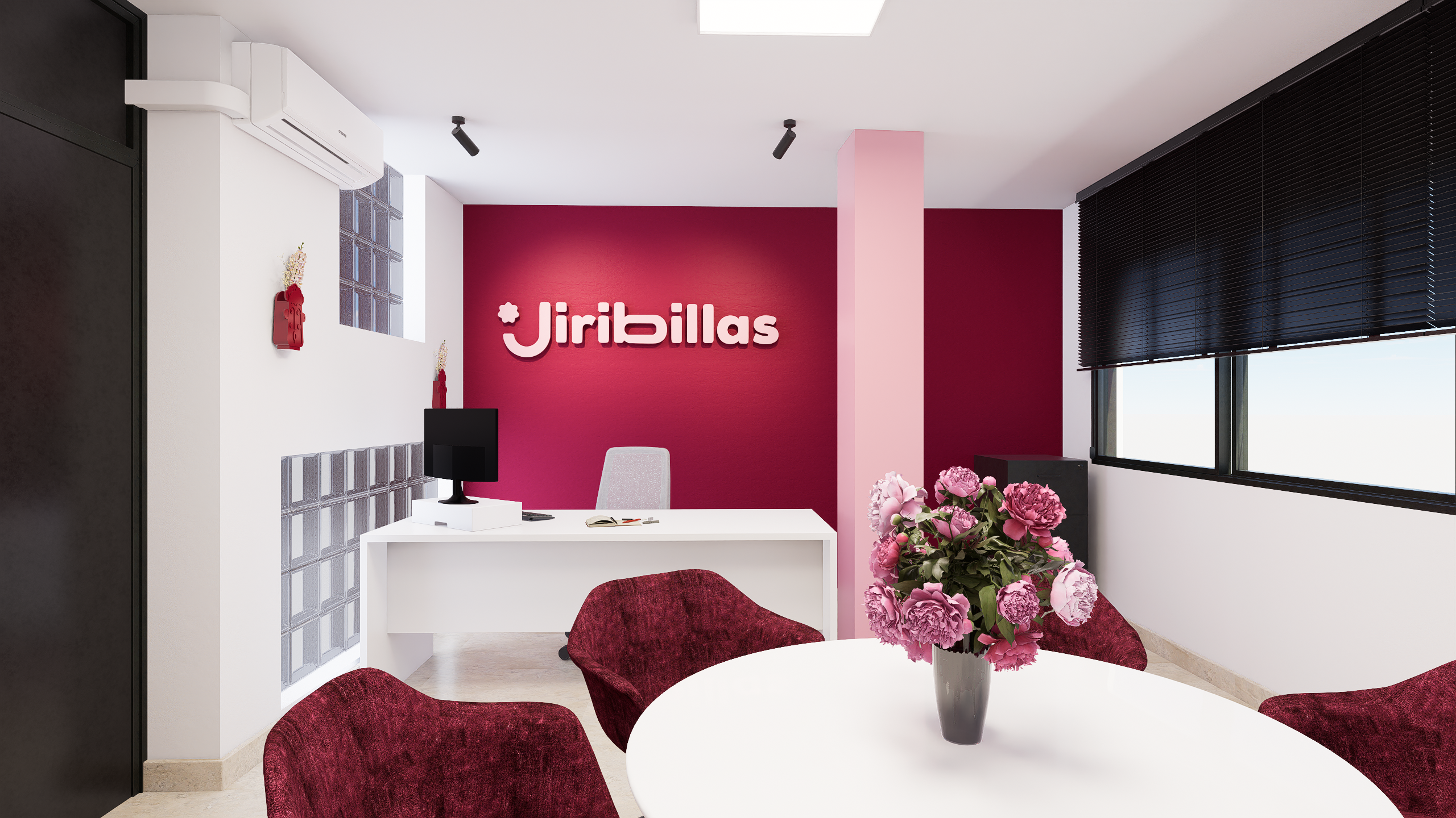 Jiribillas — recepción con rótulo luminoso de marca