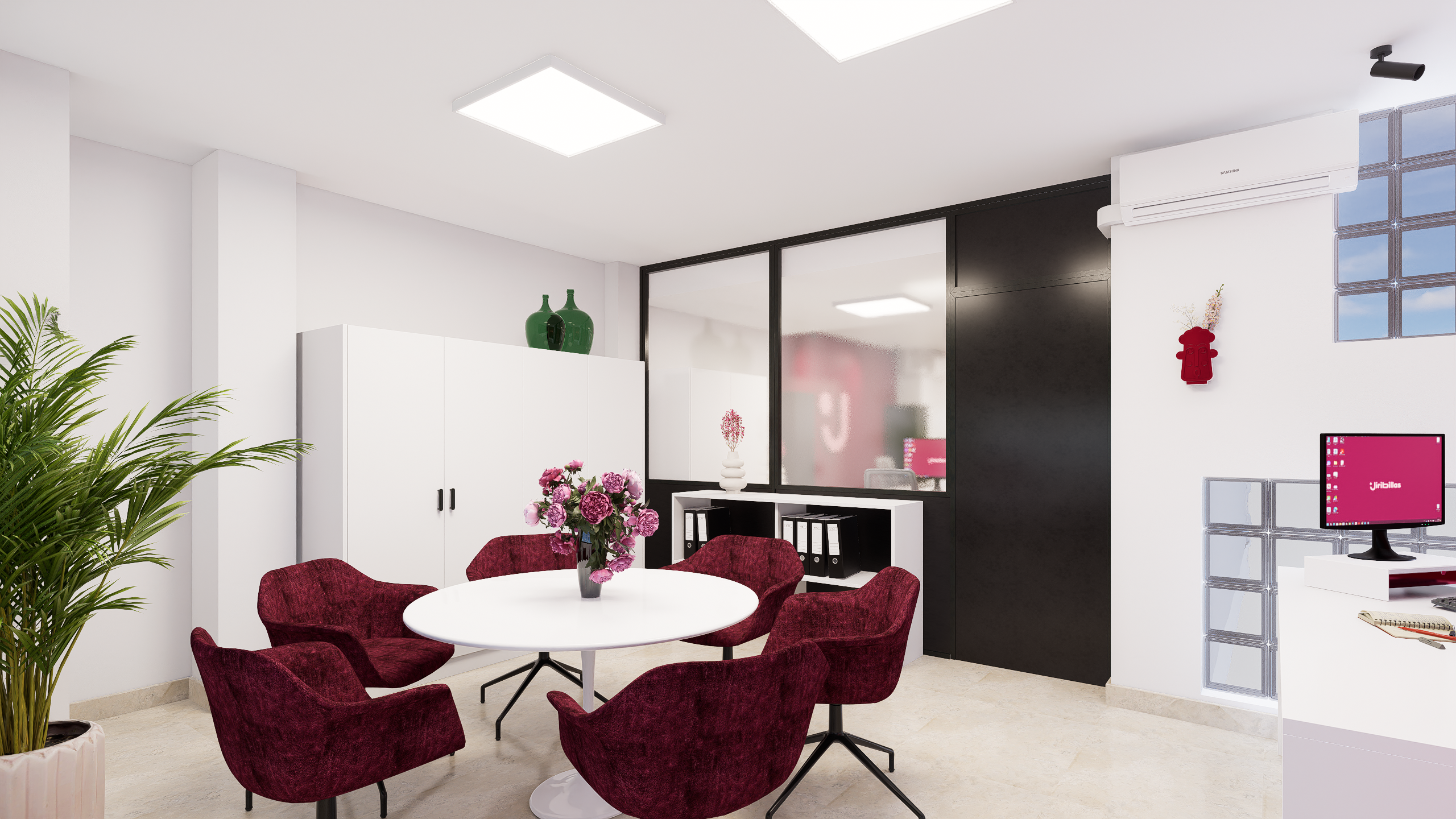 Jiribillas — sala de reuniones con pantalla y sillones